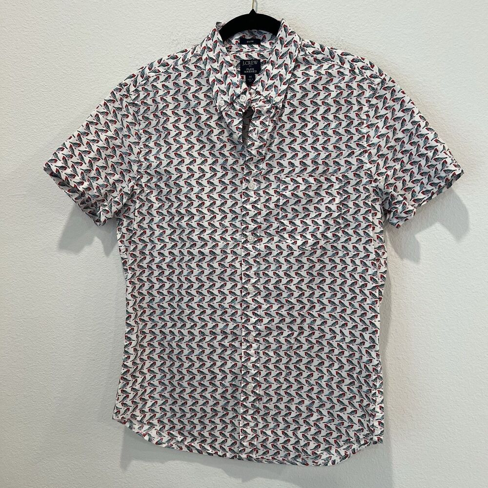 J Crew Mens Slim Medium  Birds Theme Flex Washed Casual Shirt Multicolor Summer
